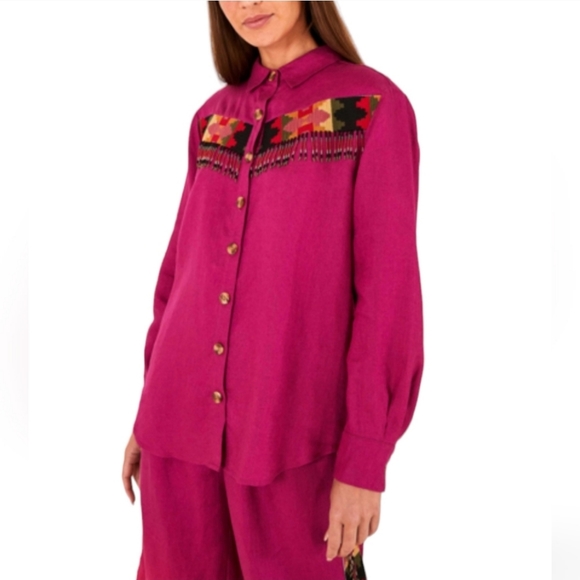 FARM Rio Tops - FARM RIO Pink Beaded Fringe Shirt | Size S | NWT